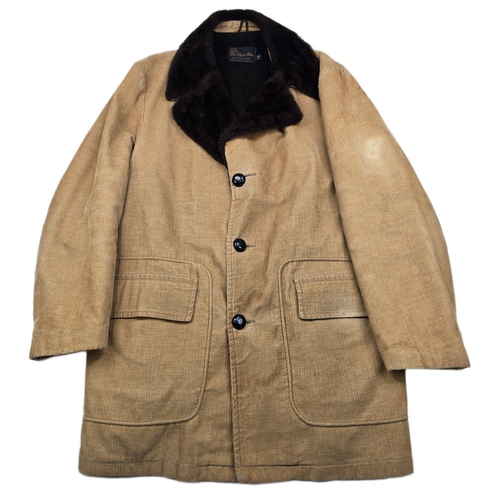 Vintage Sears Corduroy Car Coat Mens XL 46R Tan Faux Fur Lining Western Hipster